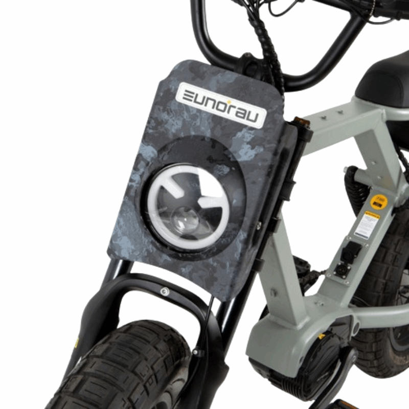 Close-up of the front headlight of the EUNORAU e-bike, featuring a rugged camo-patterned headlight cover, highlighting the bike’s durable and stylish design.