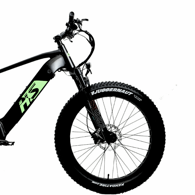 Side view of the FAT-HS eBike, showing the full frame, large tires, and branding, highlighting the full suspension design and fat tires.