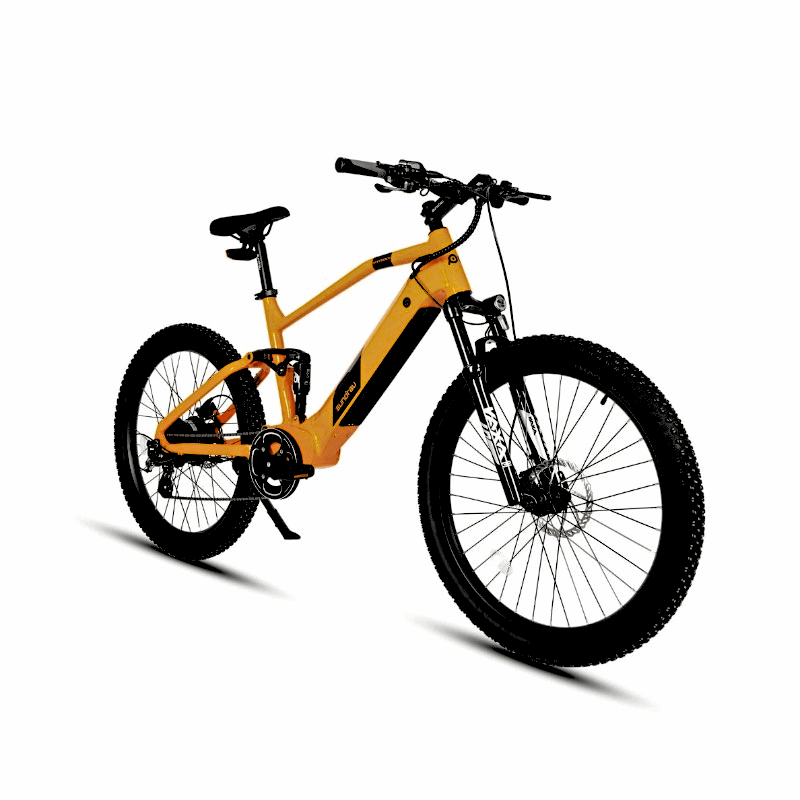 Angled front-side view of the Eunorau Defender full-suspension orange electric mountain bike, showcasing the bike's thick tires and rugged suspension for all-terrain riding.