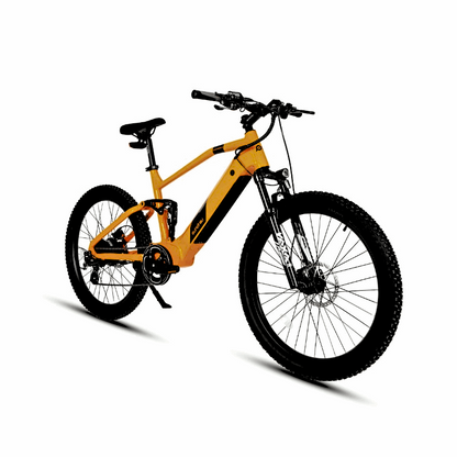 Angled front-side view of the Eunorau Defender full-suspension orange electric mountain bike, showcasing the bike's thick tires and rugged suspension for all-terrain riding.