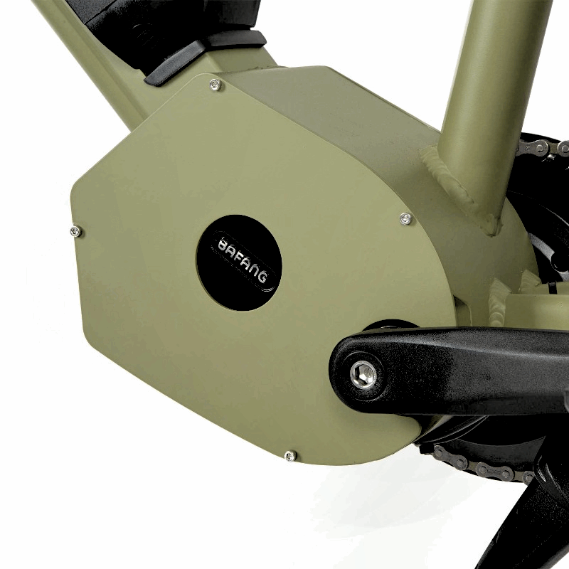 Close-up of the FAT-HD eBike’s olive green Bafang mid-drive motor, highlighting the durable casing and motor placement.