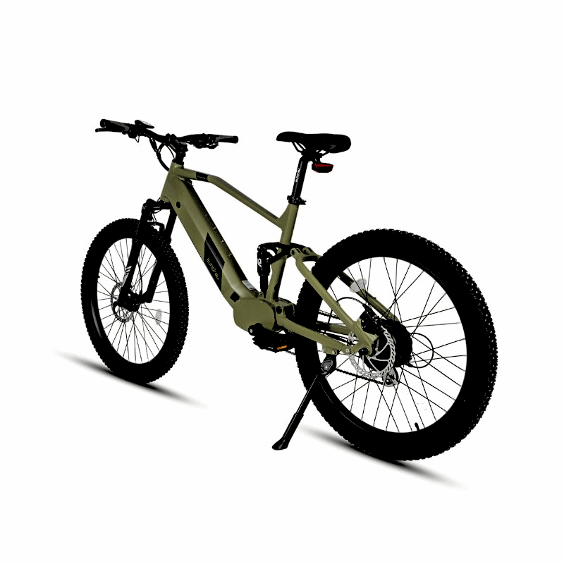 Rear-side view of the Eunorau Defender full-suspension army green electric mountain bike, highlighting the drivetrain and sturdy frame suitable for trail riding.