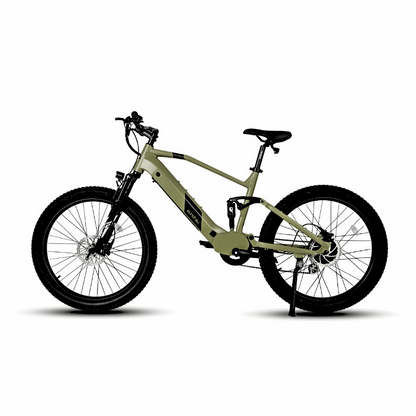 Side view of the Eunorau Defender full-suspension army green electric mountain bike with 3-inch tires, featuring a sleek frame design, ideal for urban and off-road trails.