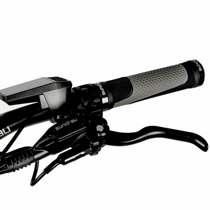 Close-up of the right grip and hydraulic brake lever on a EUNORAU Defender full suspension e-MTB, featuring textured mountain bike grips designed for increased control and confidence while riding.