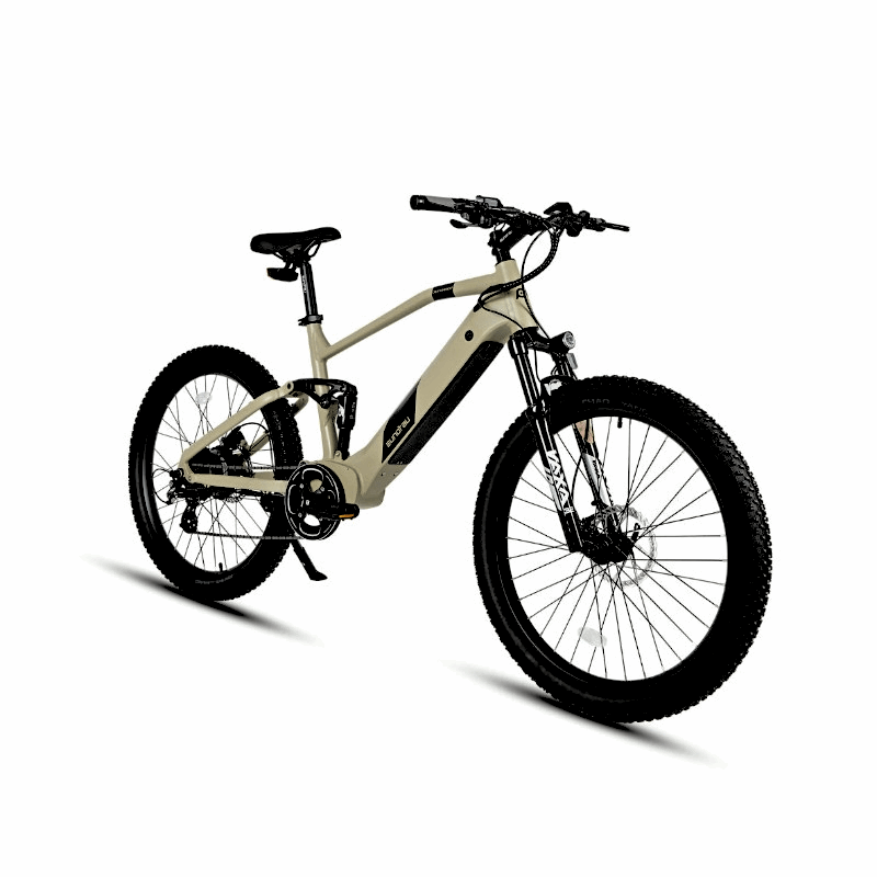 Angled front-side view of the Eunorau Defender full-suspension safari  electric mountain bike, showcasing the bike's thick tires and rugged suspension for all-terrain riding.