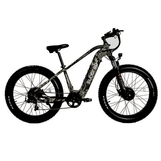 26" Fat Tire FAT-AWD 26 E-Bike in maple camo, featuring dual motors and long-range battery for versatile riding.
