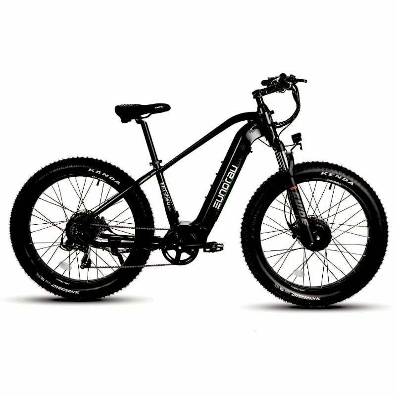 26" Fat Tire FAT-AWD 26 E-Bike in black, offering dual motors and an extended range for diverse terrains.