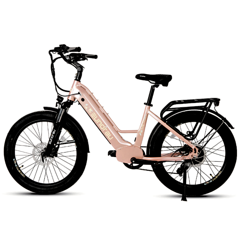 Sleek pastel pink META24/26-ST 2024 e-bike with hydraulic disc brakes and LED lights.