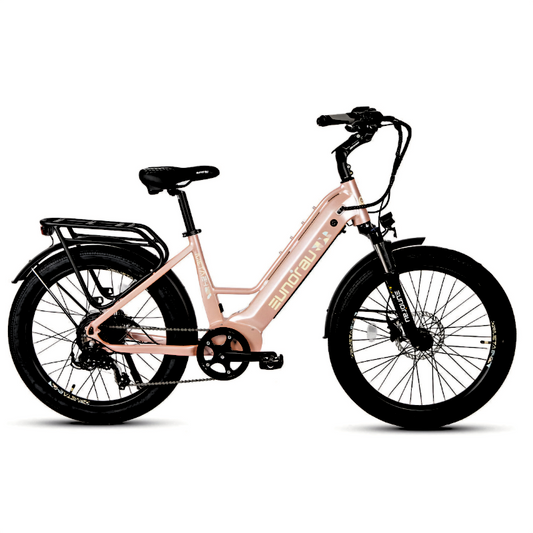 META24/26-ST 2024 e-bike in pastel pink with 24-inch wheels, perfect for stylish urban commuting.