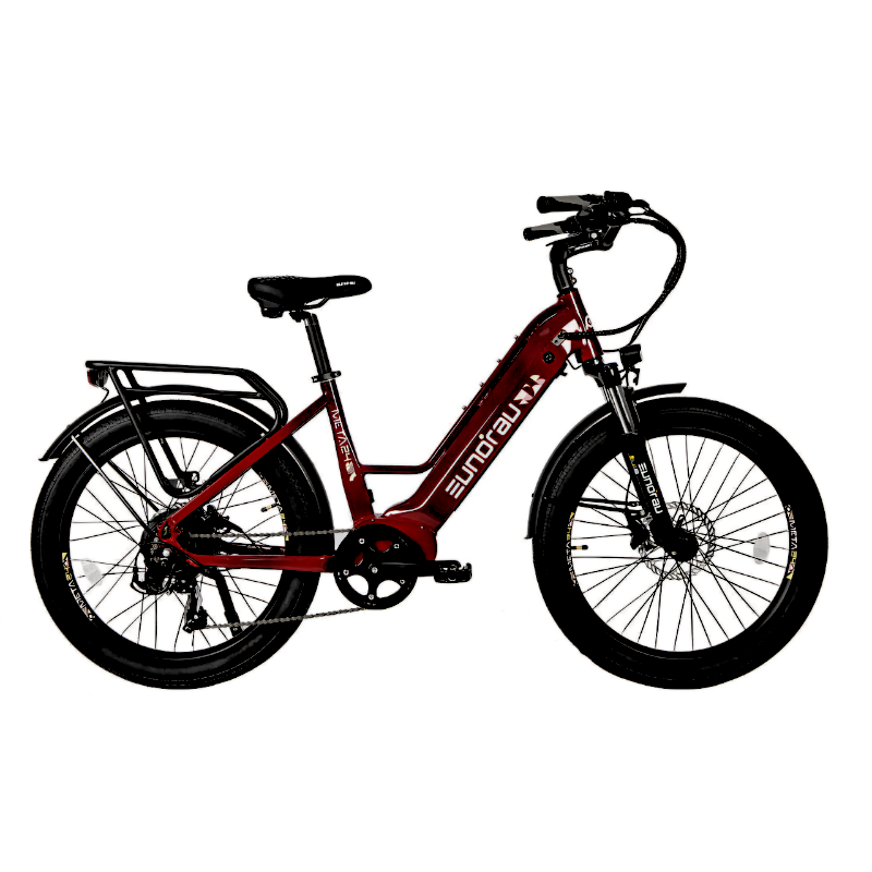 META24/26-ST 2024 e-bike in crimson red with 26-inch wheels, ideal for adventurous rides.