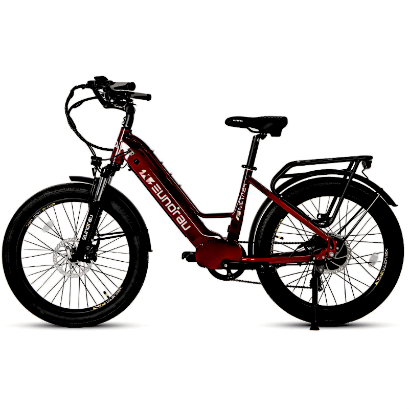 Eye-catching crimson red META24/26-ST 2024 e-bike with SHIMANO 7-speed and adjustable handlebar.