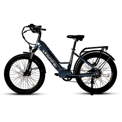 Elegant steel blue META24/26-ST 2024 e-bike with hydraulic disc brakes and LED lights.