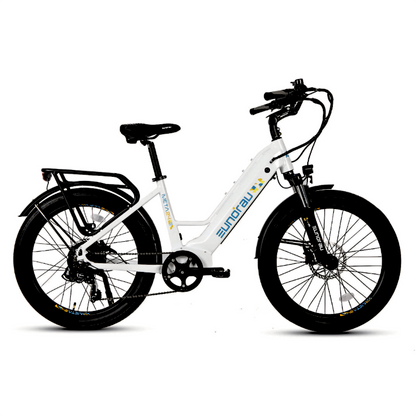 META24/26-ST 2024 e-bike in alpine white with 26-inch wheels, ideal for both city and off-road riding.