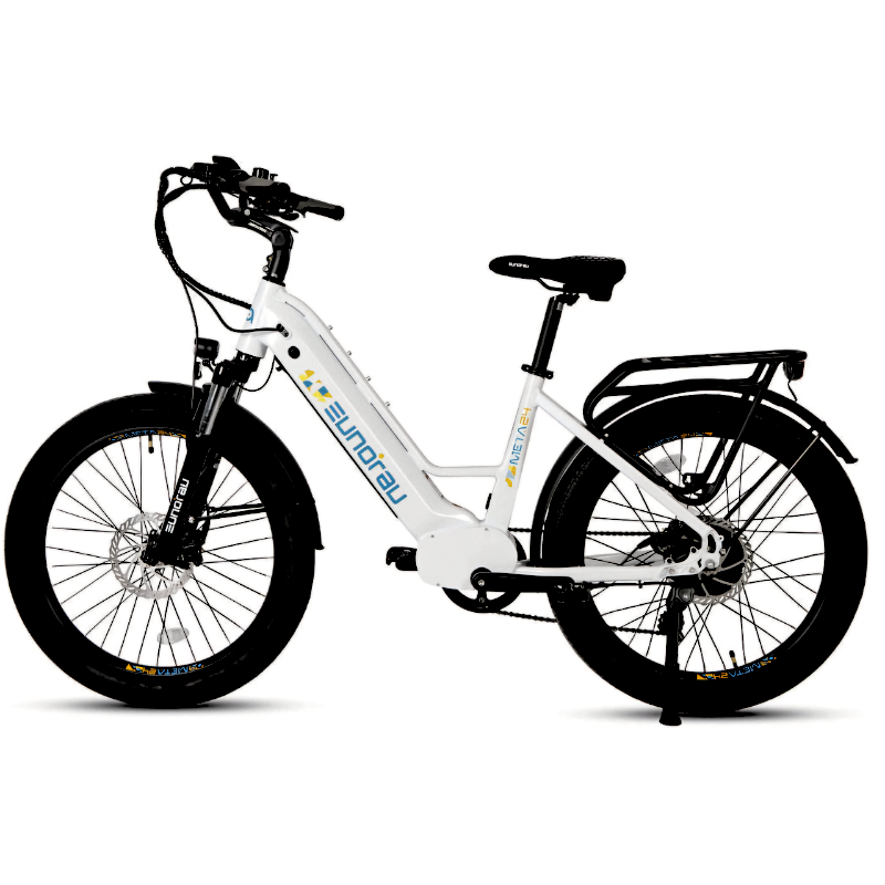 Bright alpine white META24/26-ST 2024 e-bike with advanced torque sensor and SHIMANO 7-speed.