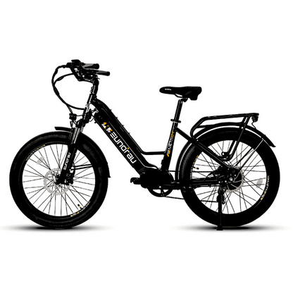 Sophisticated dark charcoal META24/26-ST 2024 e-bike with hydraulic disc brakes and adjustable handlebar.