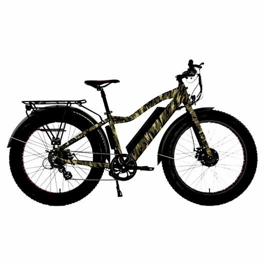 FAT-AWD Winter E-Bike in camo color with dual motors and 4-inch Kenda Krusade Sport tires.