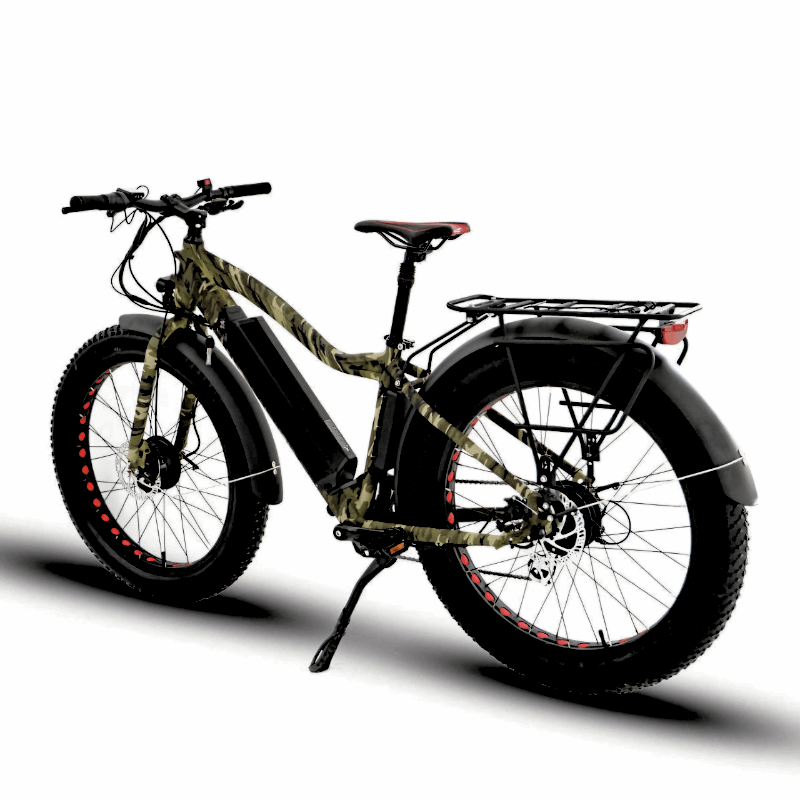 Camo color FAT-AWD Winter E-Bike, equipped with on-the-fly motor switching and a removable battery.