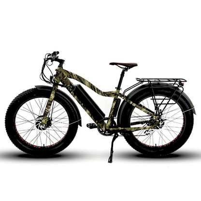 All-terrain camo color FAT-AWD Winter E-Bike with integrated LED lights and 7-speed Shimano gears.