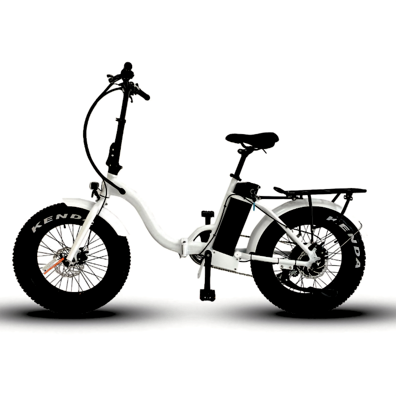 Versatile white E-FAT-STEP e-bike, equipped with a high-capacity battery and LED lights.