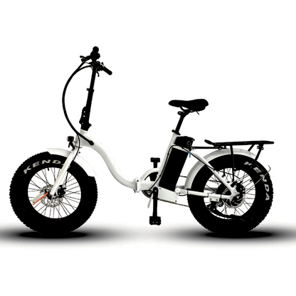 Versatile white E-FAT-STEP e-bike, equipped with a high-capacity battery and LED lights.