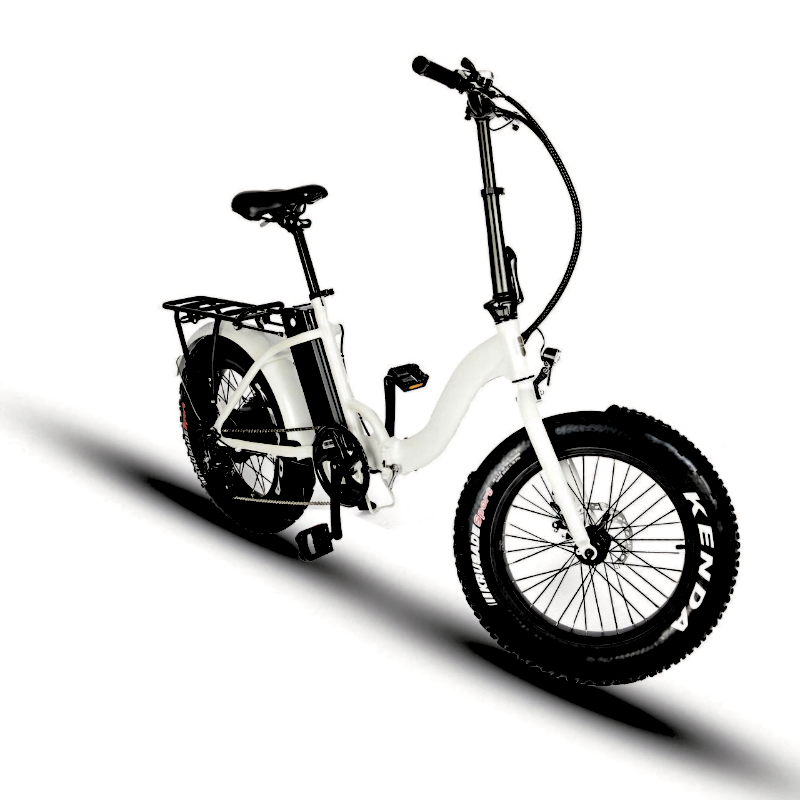 E-FAT-STEP e-bike in white, featuring a 500W motor and adjustable folding stem.