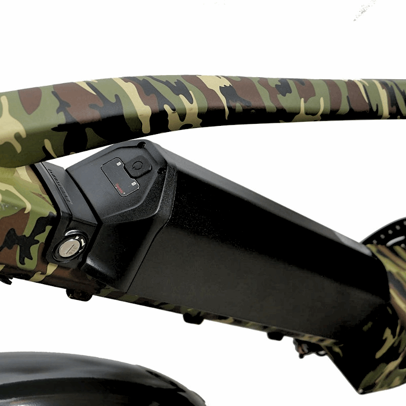 Side view of the FAT-HD eBikeâ€™s camouflage-themed frame and battery, emphasizing the battery's placement and security with a key lock.