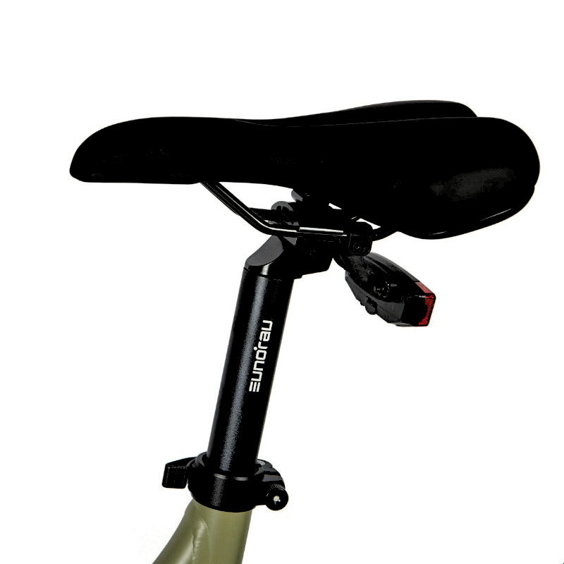 Close-up of an e-bike saddle and seat post with EUNORAU branding, featuring a rear light mounted beneath the saddle for added visibility and safety.