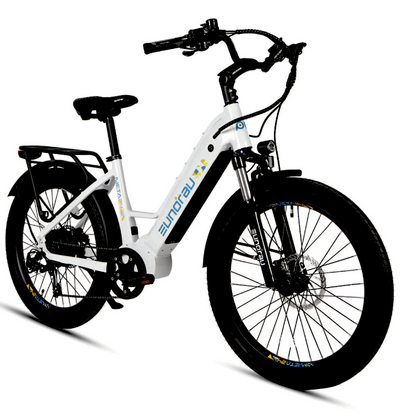 Alpine white META24/26-ST 2024 e-bike, equipped with a 48V 15Ah battery and LCD display.