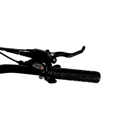 Close-up of the right handlebar of the FAT-HS eBike, showing the Shimano gear shifter, hand brake, and textured handle grip for control and comfort.