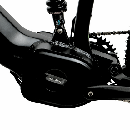 Close-up of the Bafang mid-drive motor system on the FAT-HS eBike, showing the motor branding and chainring.