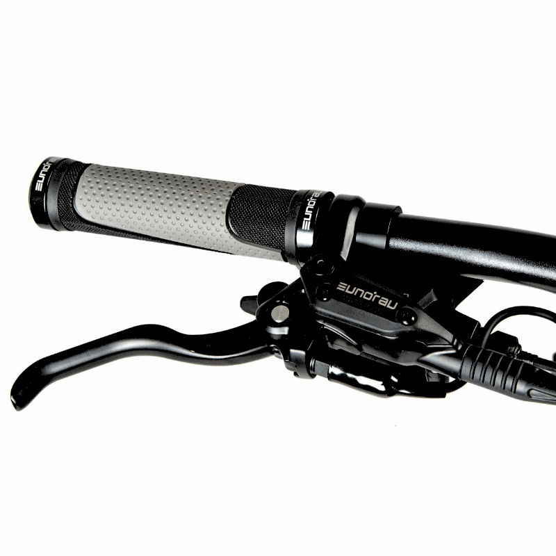 Close-up of the right grip and hydraulic brake lever on a EUNORAU Defender full suspension e-MTB, featuring textured mountain bike grips designed for increased control and confidence while riding.