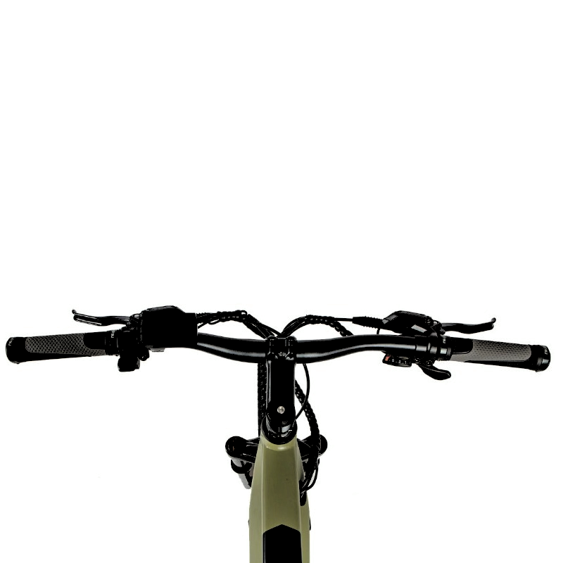 Front view of an e-bike handlebar showing grips, brake levers, gear shifters, and control buttons, providing a rider's perspective for comfortable and efficient control.