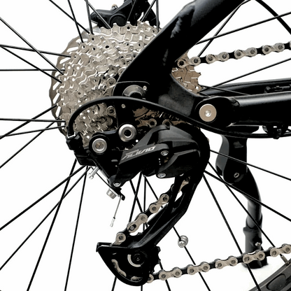 Close-up of the FAT-HS eBike’s rear drivetrain system showing the cassette, derailleur, and chain connected to the rear wheel.