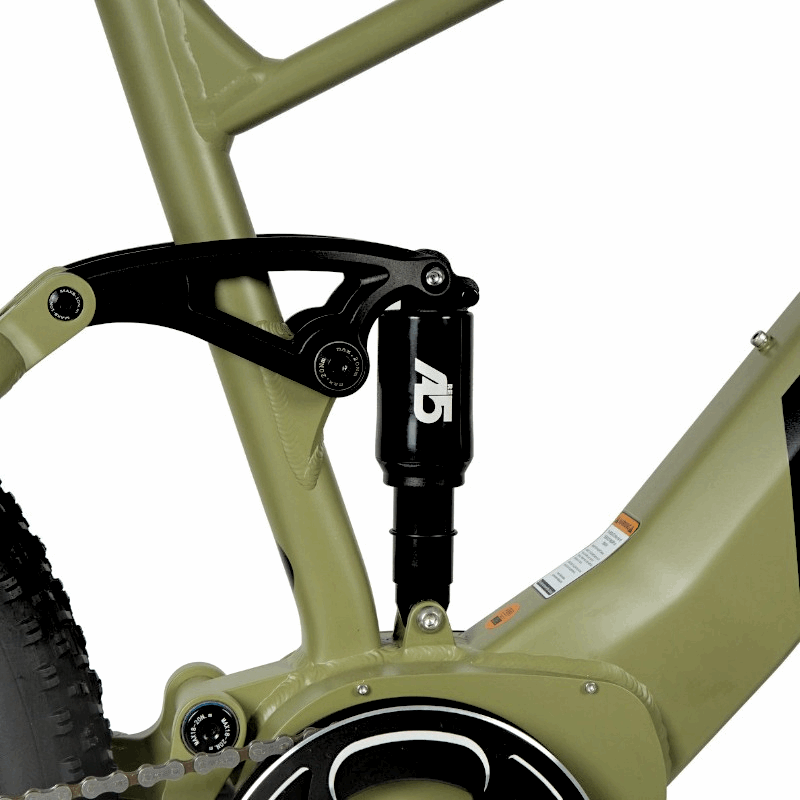 Close-up of the Exa Form A5-RE air shock on an e-bike, designed to provide cushioning and comfort for city riding, gravel trekking, and light-duty cross-country mountain biking.