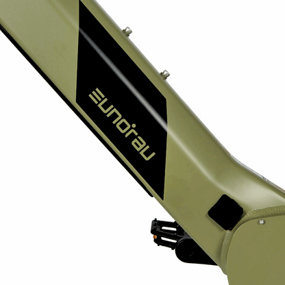 Close-up of the EUNORAU e-bike frame featuring an integrated removable battery system, with the option to add a second battery for extended range, providing convenience for recharging and theft prevention.