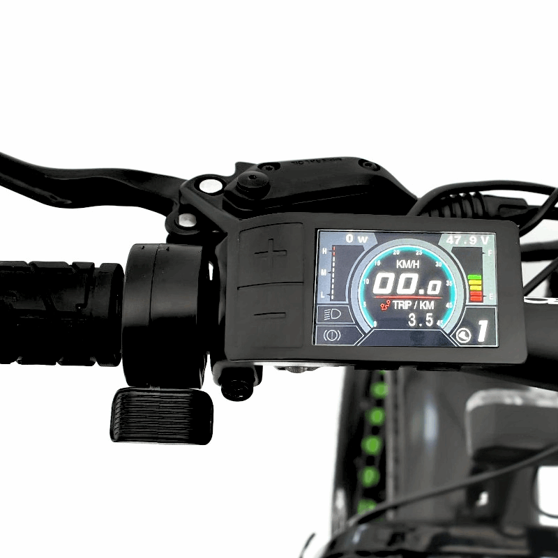 Close-up of the FAT-HD eBikeâ€™s digital display on the handlebar, showing speed, battery level, and other ride metrics in a clear interface.