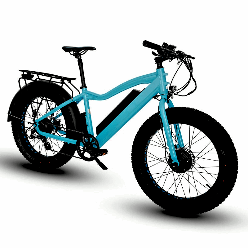 All-terrain scooter blue FAT-AWD Winter E-Bike with integrated LED lights and 7-speed Shimano gears.