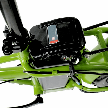 Top view of the FAT-MN Folding eBike's battery compartment with a close-up of the lithium-ion battery and locking mechanism.