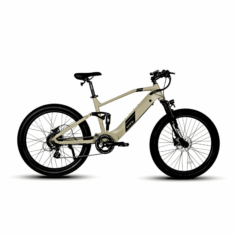 Side view of the Eunorau Defender full-suspension safari electric mountain bike with 3-inch tires, featuring a sleek frame design, ideal for urban and off-road trails.