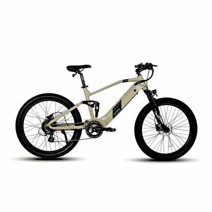 Side view of the Eunorau Defender full-suspension safari electric mountain bike with 3-inch tires, featuring a sleek frame design, ideal for urban and off-road trails.