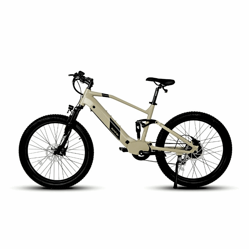 Side view of the Eunorau Defender full-suspension safari  electric mountain bike with a kickstand, designed for comfortable off-road and city commuting.