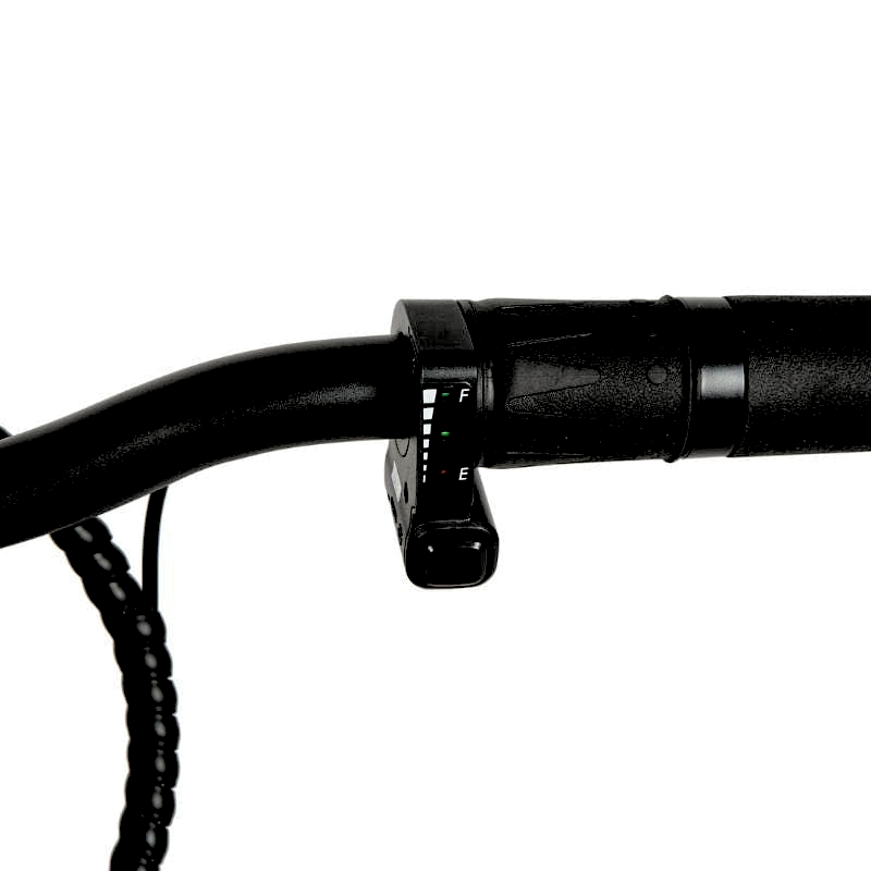 Close-up of an e-bike handlebar showing the throttle and battery indicator with simple, user-friendly design for easy operation, suitable for children.