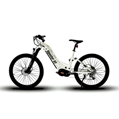 SPECTER-ST 2023 White Full-Suspension Mid-Drive Electric Mountain Bike Side to Left View