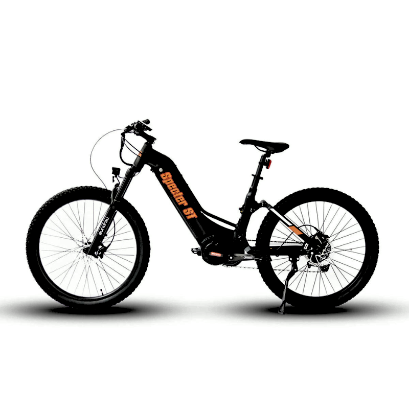 Side to Left View of the 2024 SPECTER-ST Full-Suspension All-Terrain Mid-Drive Elite Electric Mountain Bike BLACK