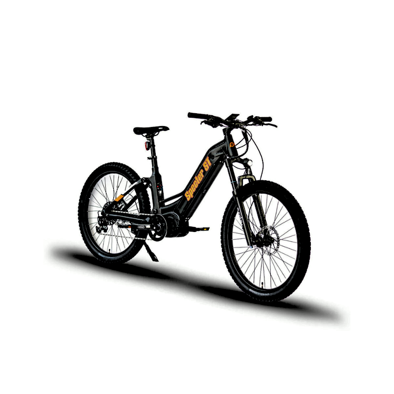 Angled front view of the 2024 SPECTER-ST Full-Suspension All-Terrain Mid-Drive Elite Electric Mountain Bike BLACK