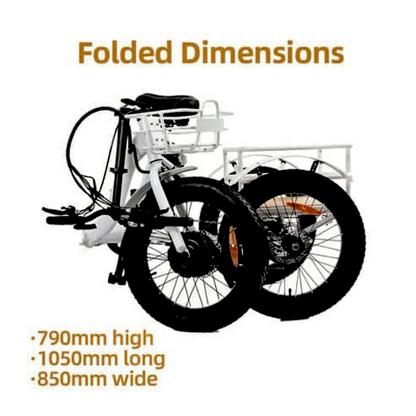 A folded eTRIKE in white color, showing compact dimensions of 790mm high, 1050mm long, and 850mm wide.