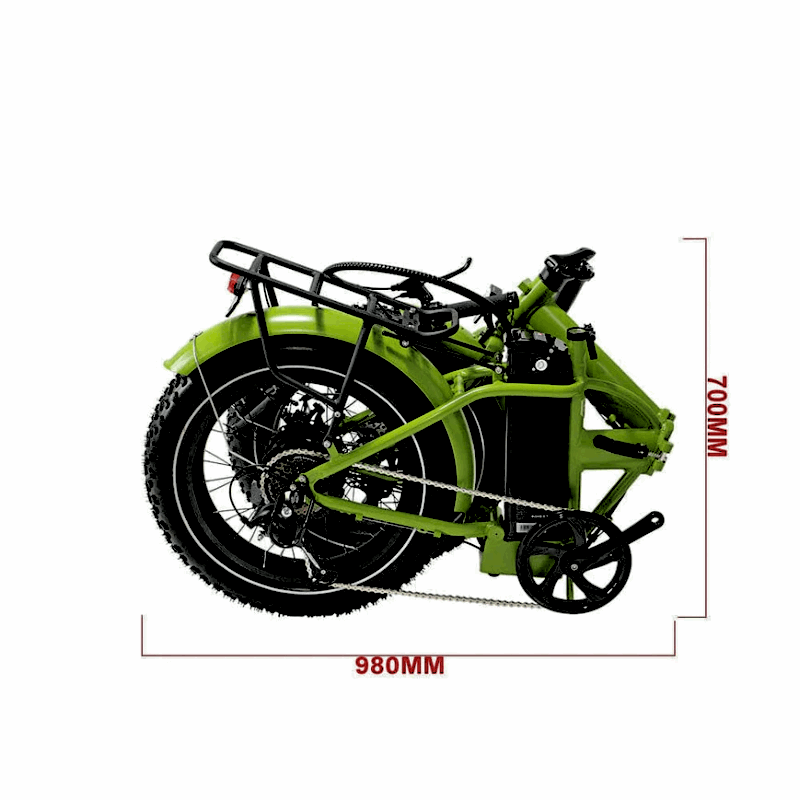 FAT-MN Folding eBike in a folded position with dimensions labeled, illustrating its compact portability.