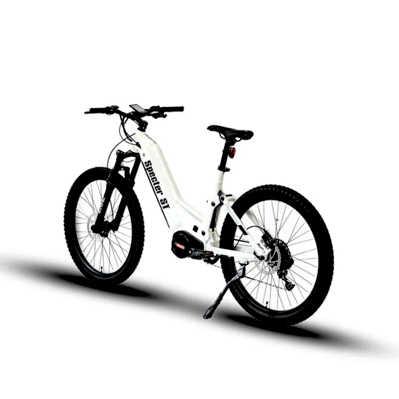 SPECTER-ST 2023 White Full-Suspension All-Terrain Mid-Drive Mountain Electric Bike Rear Angled View