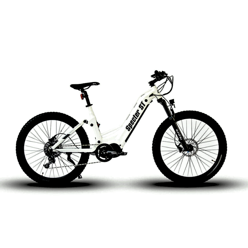 SPECTER-ST 2023 White Full-Suspension All-Terrain Mid-Drive Electric Mountain Bike Side View to Right