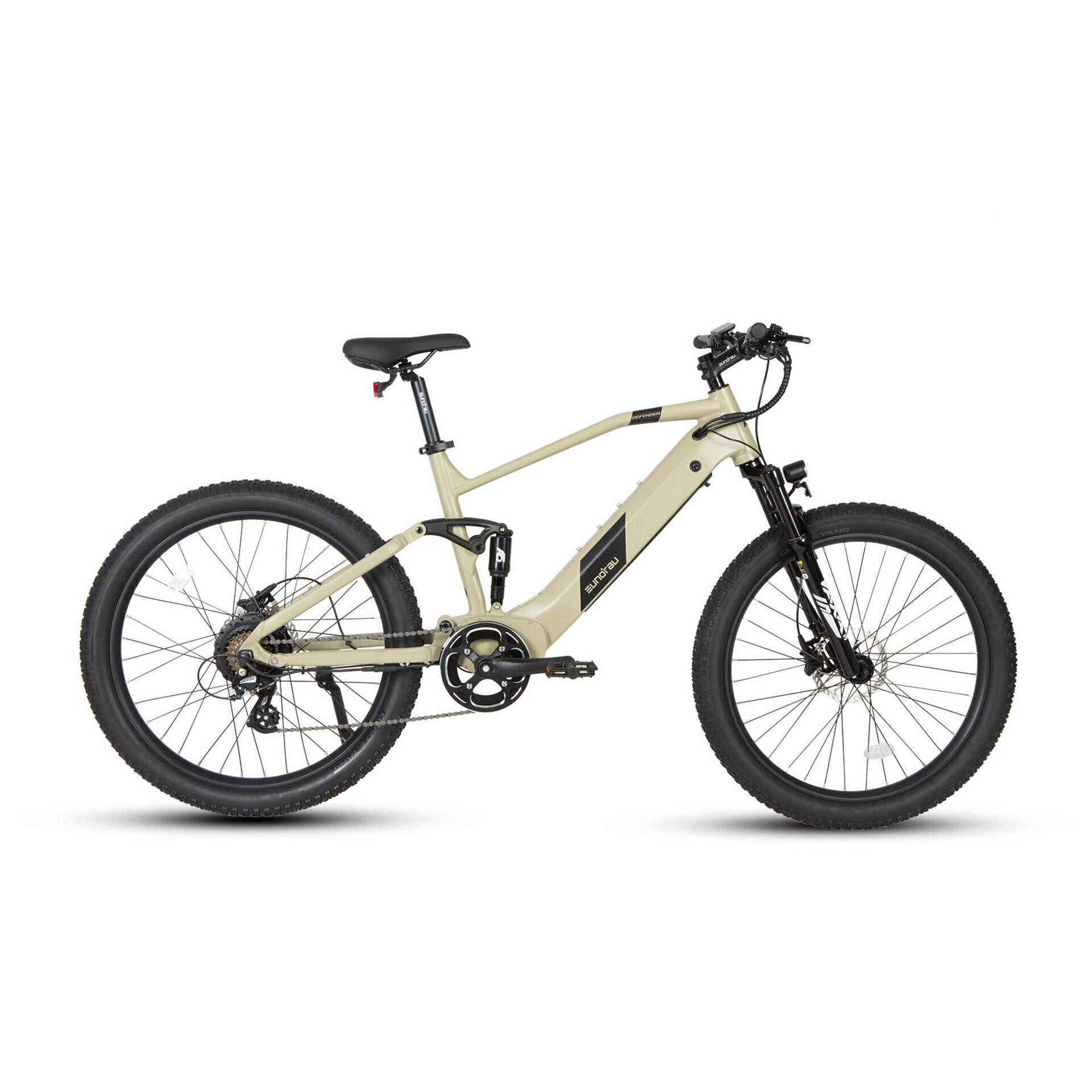 Side view of the safari-colored Eunorau Defender full-suspension mountain e-bike with a 48V battery, showcasing its durable aluminum alloy frame and wide tires for city and off-road use.